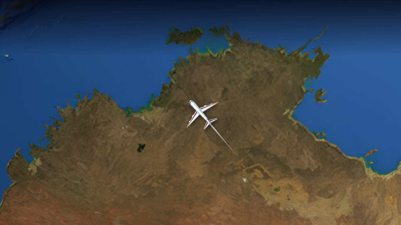 Satellite view animation tracks a commercial airplane flying from Sydney to Paris across Earth's continents