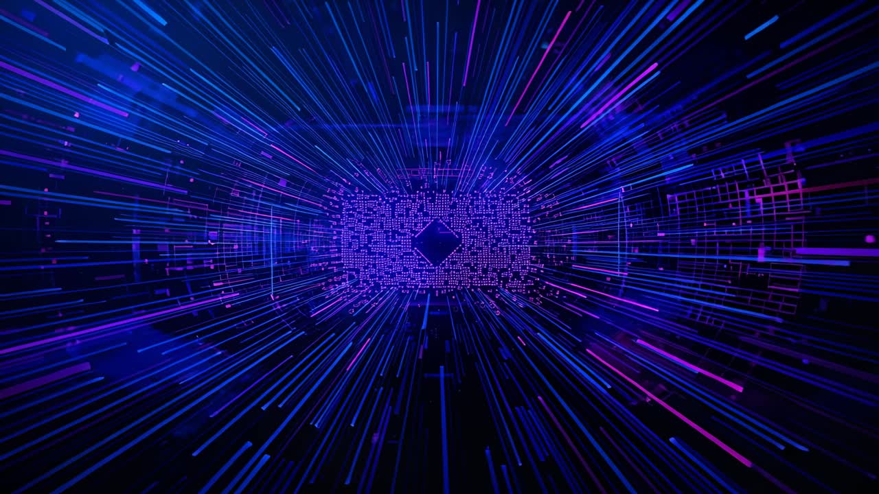 Pulsing glowing matrix emitting streaks as camera approaching data tunnel, showing diamond center