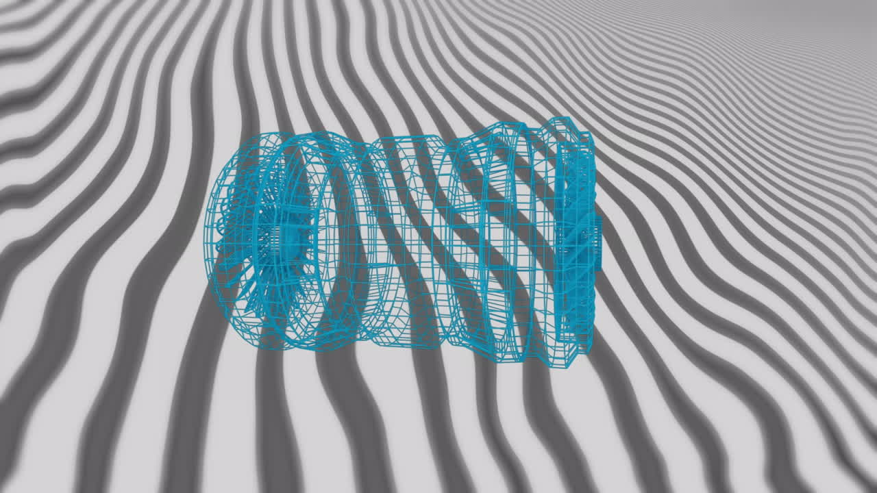 Animation of 3d engine drawing spinning over grey and white striped pattern background