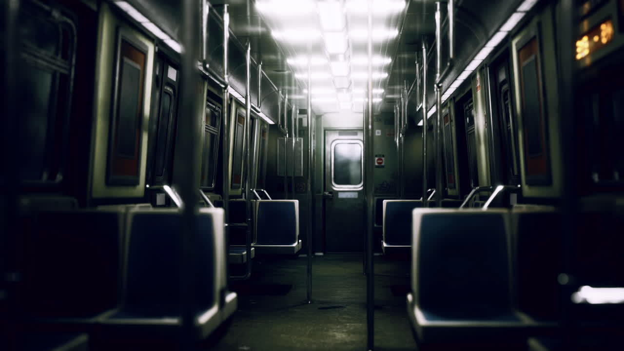 Subway interior with empty seats and dim lighting during late hours