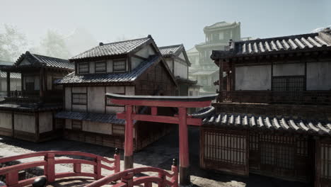Traditional Japanese Village with Torii Gate and Red Bridge