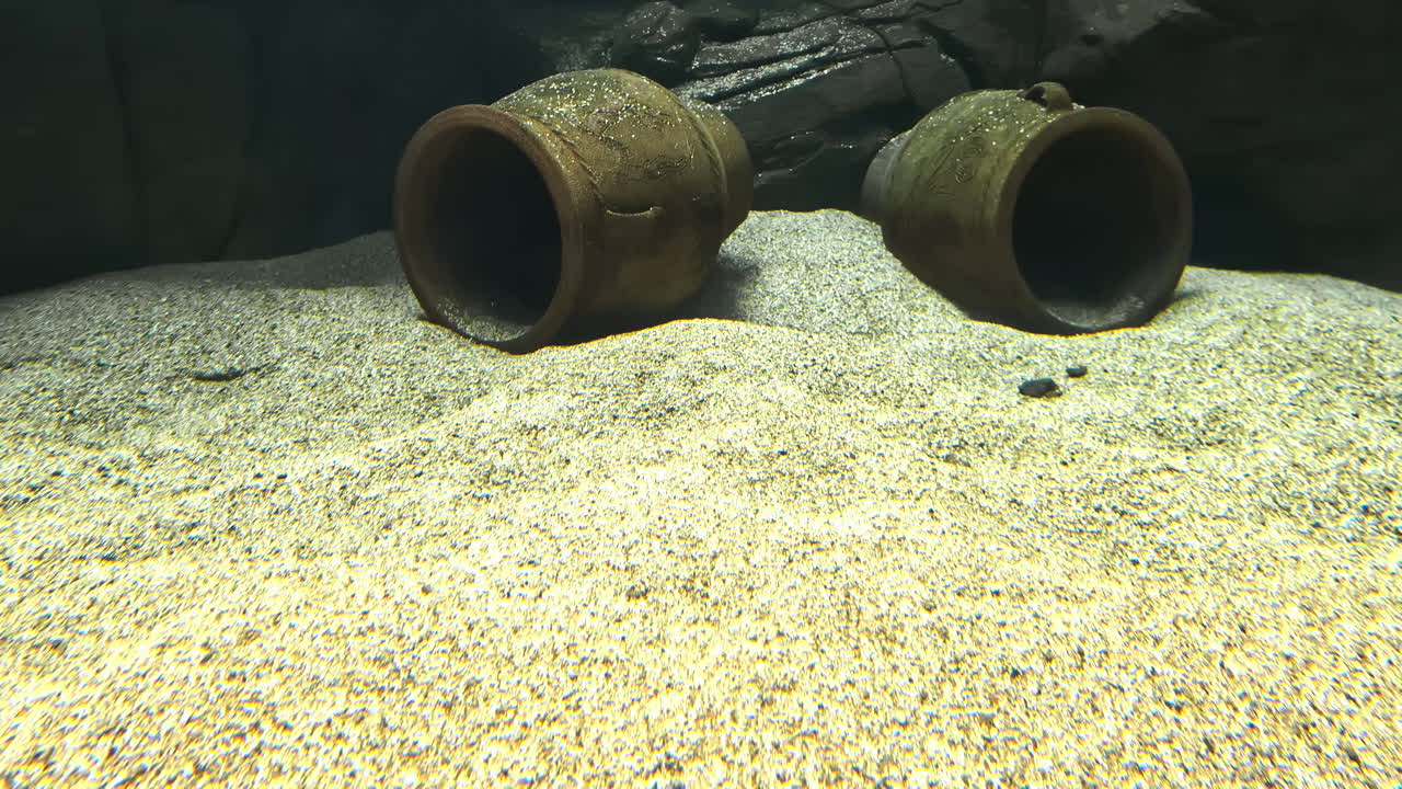 Underwater scene with ancient clay pots resting on sandy seabed, calm aquatic atmosphere and subtle light