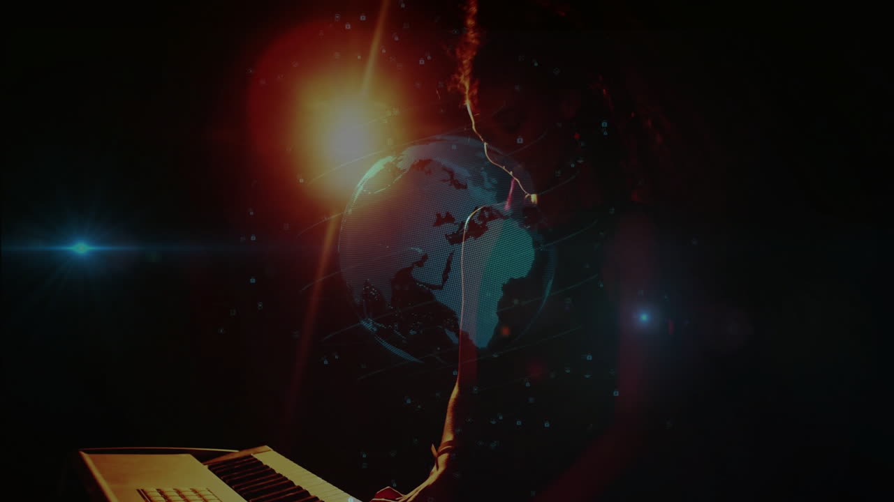 keyboardist performing on dark stage, with holographic globe projecting music technology visuals
