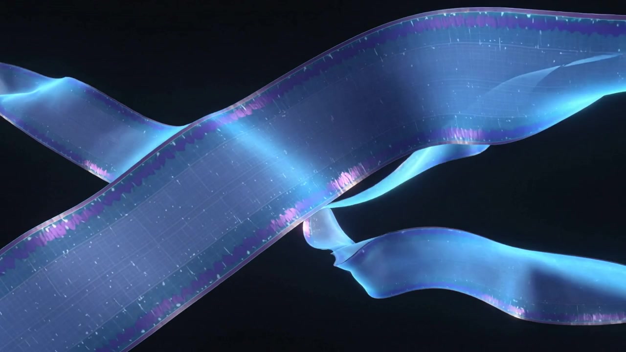 Simulation starting, large sheer blue ribbon undulating in dark void, emphasizing rim glow