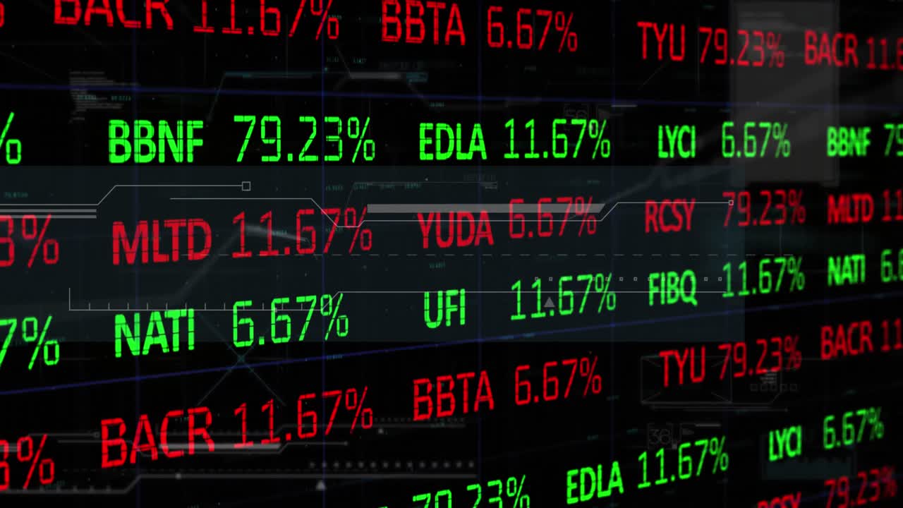 Animation of trading board and abstract pattern over illuminated dots in background