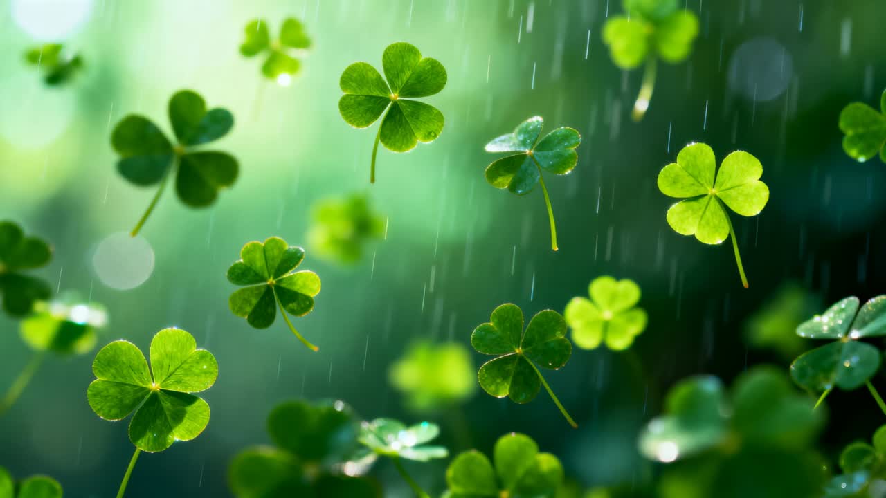 Starting rainfall striking dense clover patch, camera shifting focus, droplets sliding off leaves