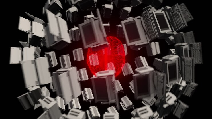 Sphere of Multiple Computers Around Glowing Red Artificial Intelligence AI Brain