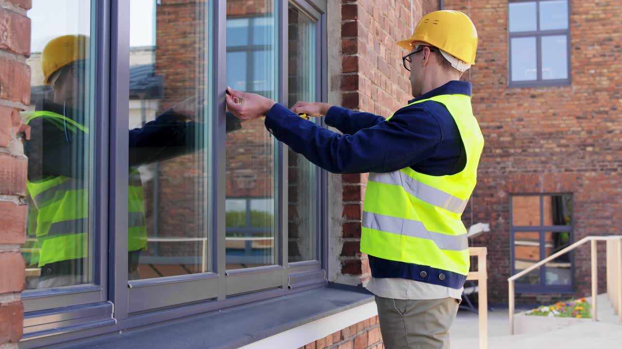 Premium stock video - Male builder with ruler measuring window ...