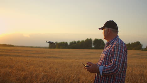 An-elderly-male-farmer-uses-a-drone-to-fly-over-a-wheat-field-at-sunset.-Modern-technologies-in-agriculture