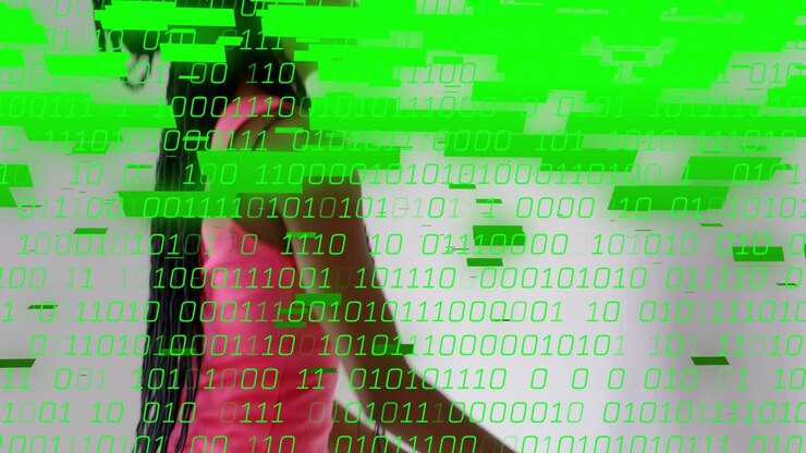 Woman entering fitness studio gripping barre performing plie with green binary glitch intensifying
