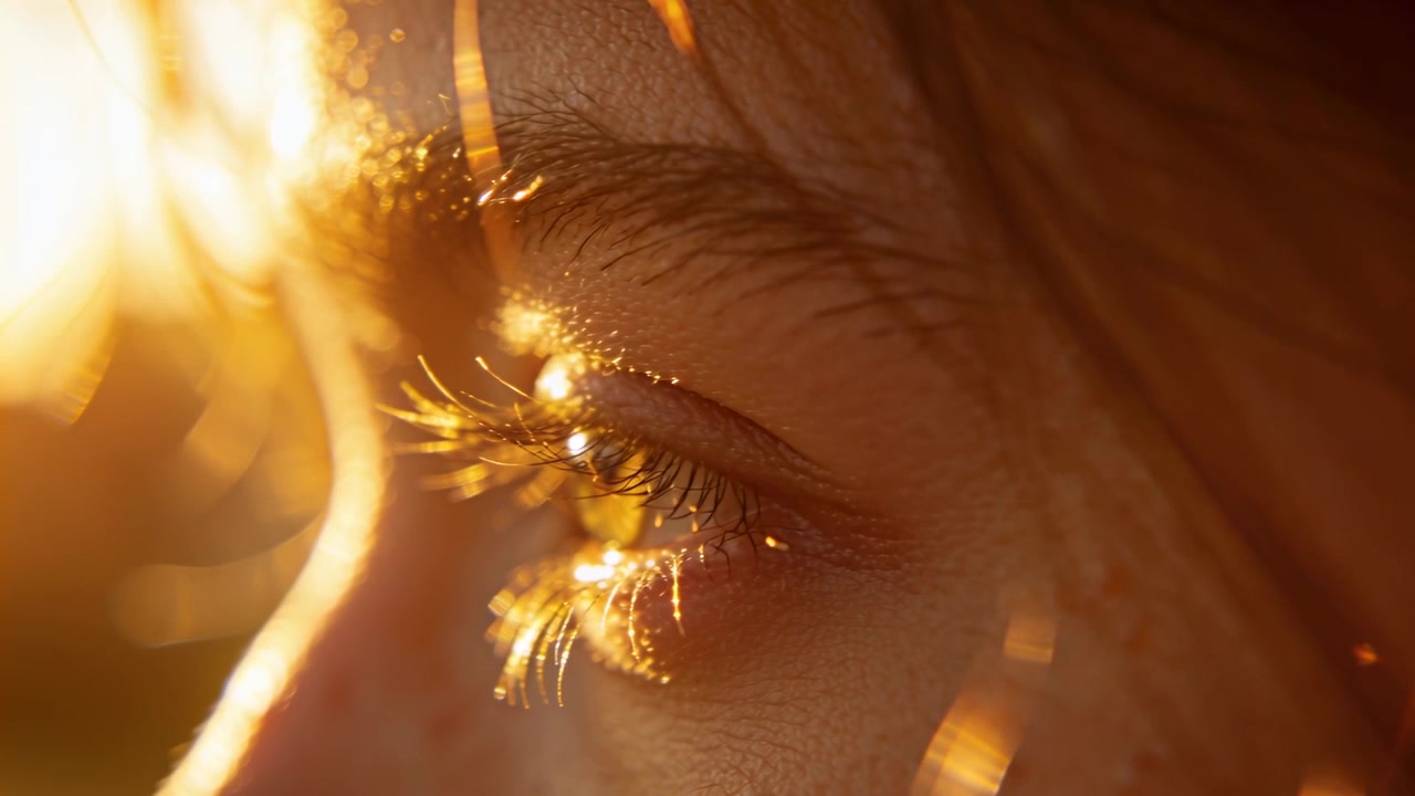 L'occhio socchiuso di una donna che reagisce alla luce solare dorata che si intensifica, di profilo all'aperto, con bagliori dell'obiettivo.