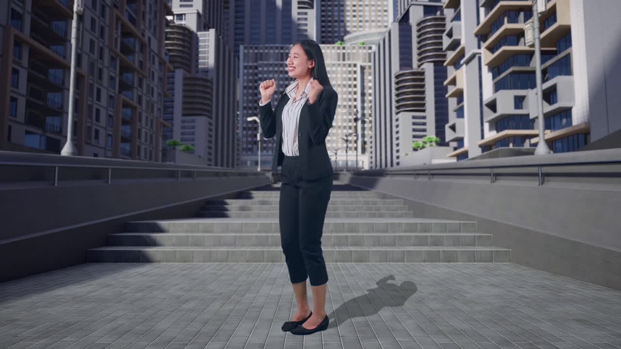 도시에서 서 있는 동안 춤을 추는 미소 짓는 아시아 사업가 여성의 전체 측면 뷰 몸