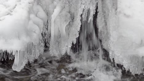 this is a close up of water flowing under a cover of ice into a stream in winter