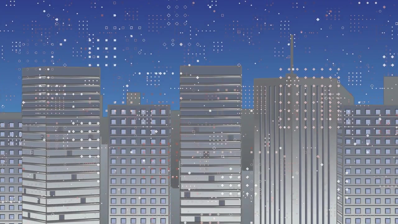 抽象的なデータ粒子が舞うデジタル都市景観のアニメーション
