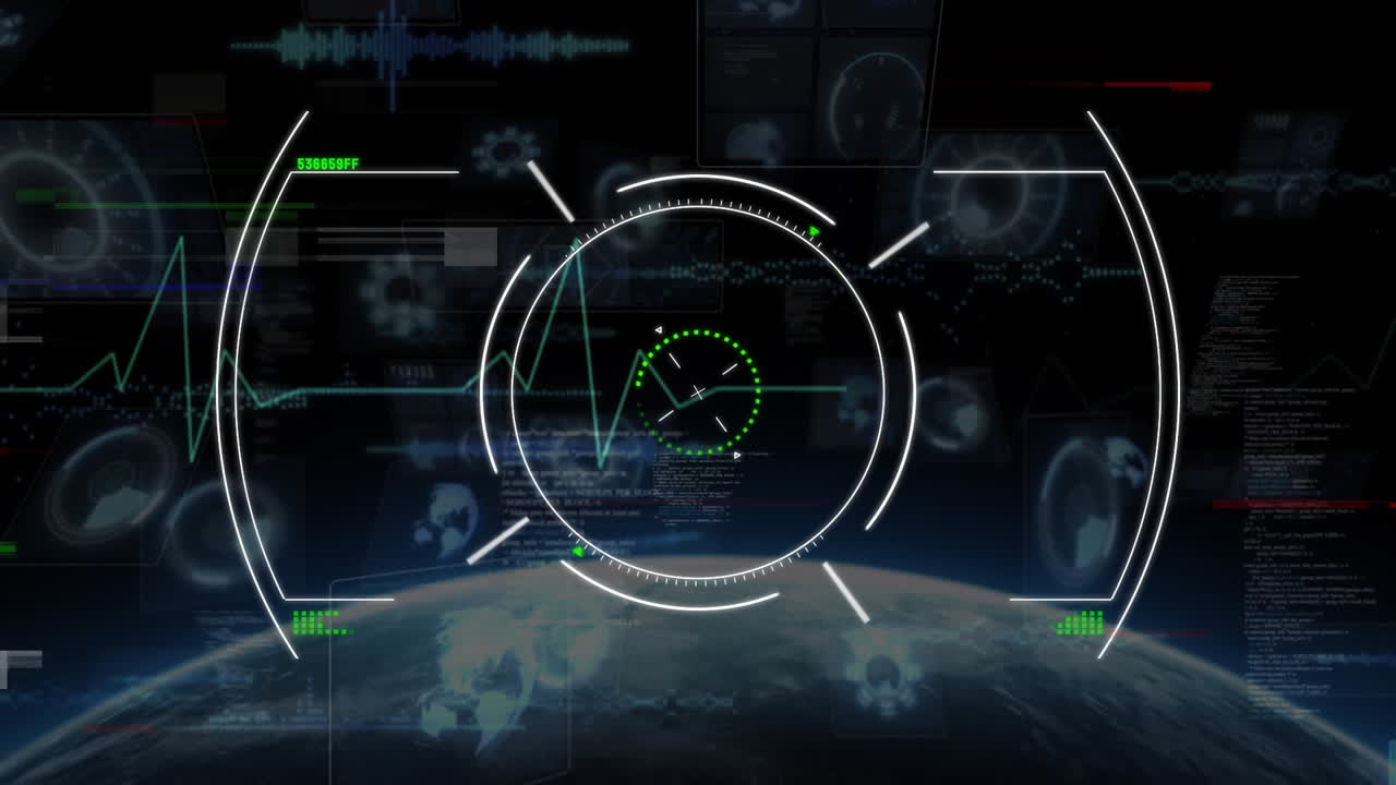 Animation of futuristic digital interface with circular target and heartbeat line