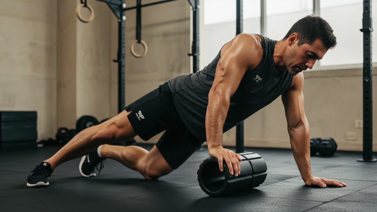 Athlete Engaged in Exercise Routine Using Foam Roller for Stretching and Muscle Recovery in Modern Gym Environment