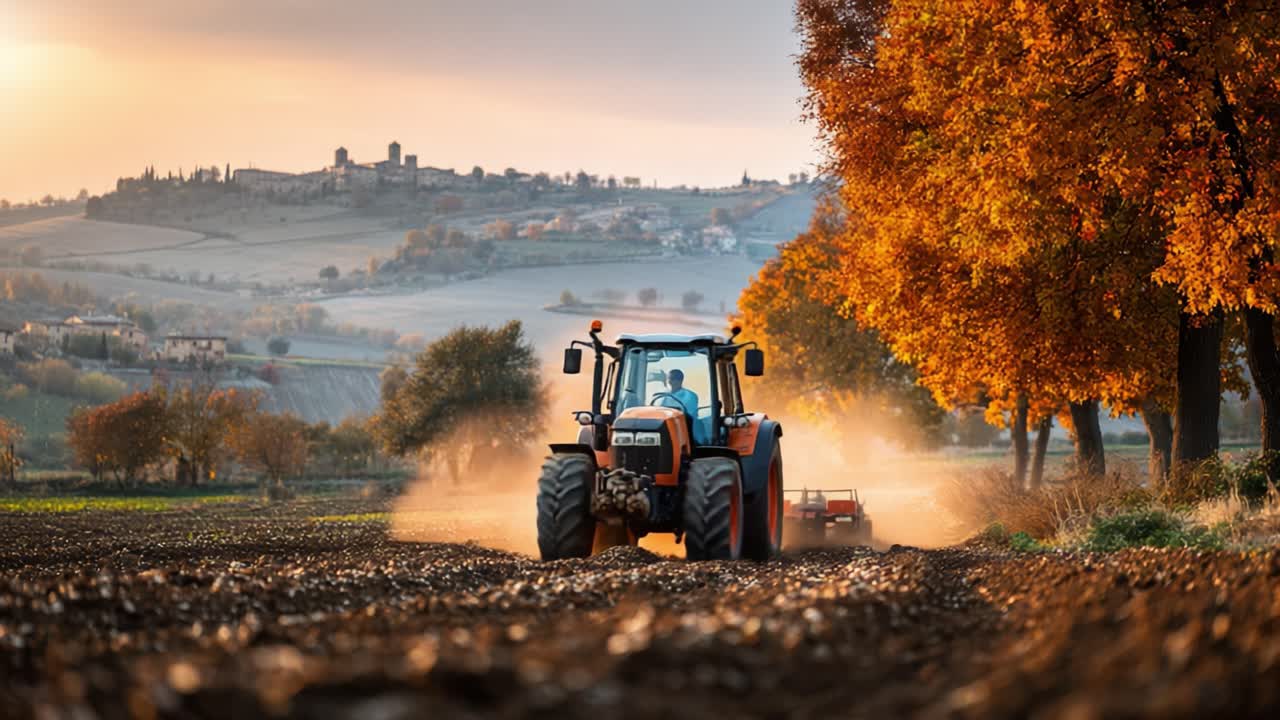 Una pittoresca scena autunnale con un trattore che lavora diligentemente attraverso un campo arato, circondato da alberi arancioni vivaci sotto un cielo al tramonto dorato, che trasmette l'essenza dell'agricoltura rurale.
