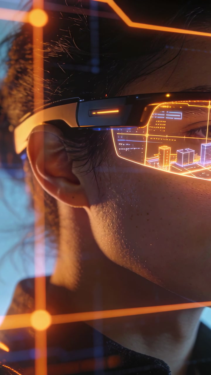 Vertical video: HUD activating, woman turning in studio, viewing orange HUD on glasses, copy space