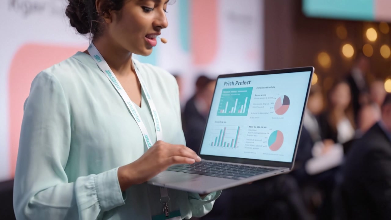Engaging Presentation of Data Insights by Professional Female Speaker with Laptop, Showcasing Graphs and Charts at a Corporate Event Focusing on Business Analysis.