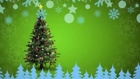 Animation-of-snow-falling-over-chritmas-tree-on-green-background