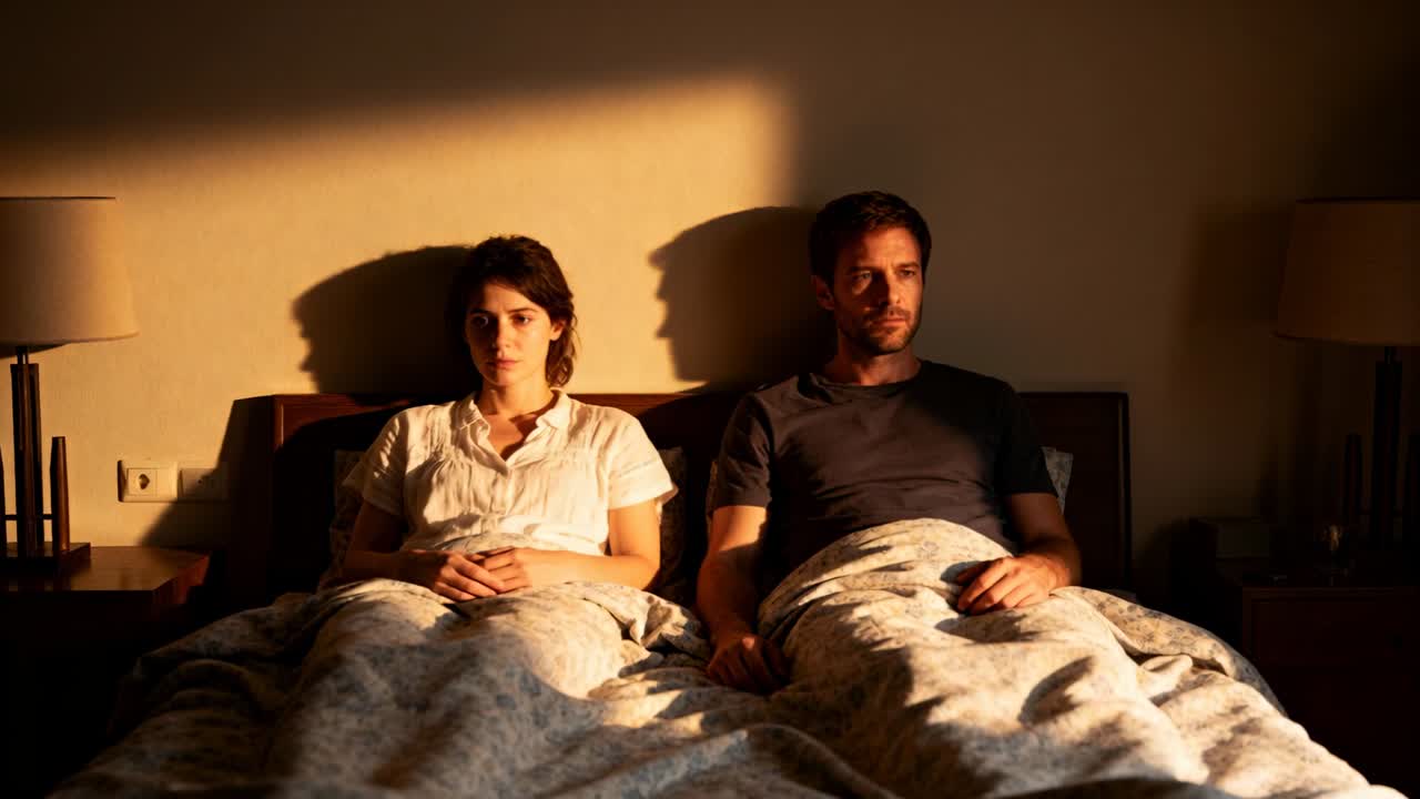 Luce solare che si muove sulla parete, coppia seduta sul letto, donna in camicetta, uomo che sposta lo sguardo, pensieroso