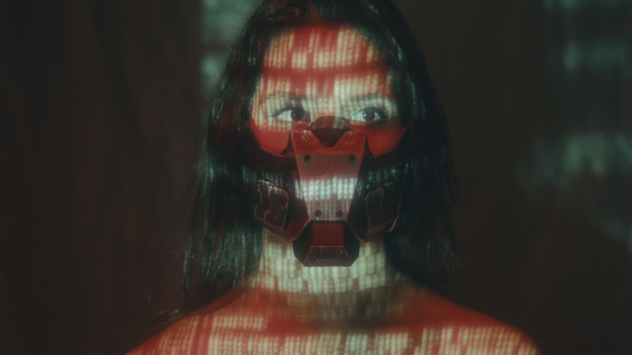 Woman in Cyberpunk Mask with Projected Code