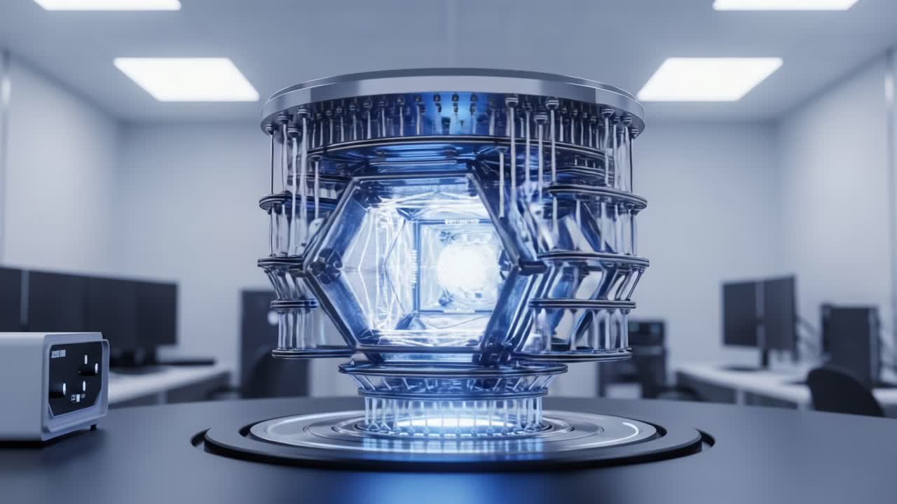 Futuristic Quantum Computing Device Illuminating Advanced Technology in a Modern Lab Environment with Sleek Design and Innovative Features