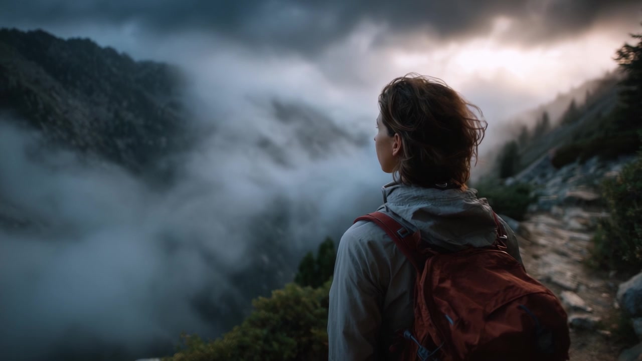 A Solo Hiker Gazes into the Misty Mountains at Dusk, Capturing the Essence of Adventure and Wonder in a Breathtaking Natural Landscape