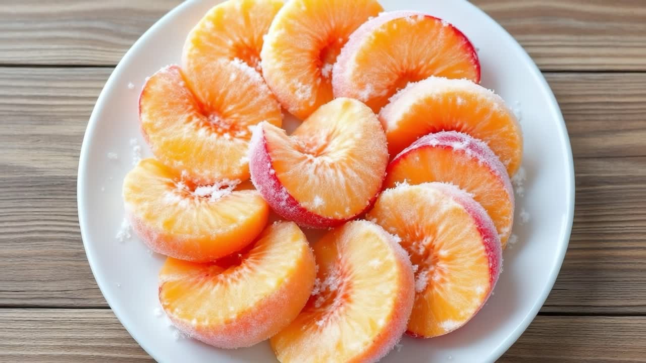 Färska persikoskivor är vackert arrangerade på en vit tallrik, som visar upp sina livfulla färger och texturer mot en rustik träbakgrund, perfekt för kulinariska presentationer och recept.