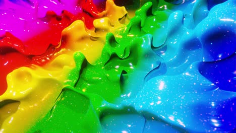 smooth abstract animation of liquid gradient rainbow color in 4k. bright glossy paint surface as abstract looped festive background. glitters on viscous liquid with 3d splashes on surface like drops.