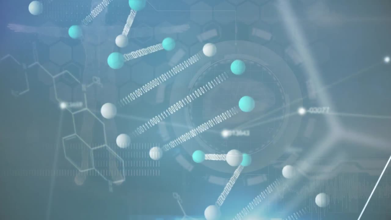 dna와 다양한 데이터의 애니메이션이 녹색 배경에 있습니다.