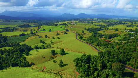 Paisaje-Rural-Con-Vegetación-Exuberante-Y-Campos-Vibrantes-En-Las-Mesetas-De-Atherton,-Queensland,-Australia---Toma-Aérea-De-Drones