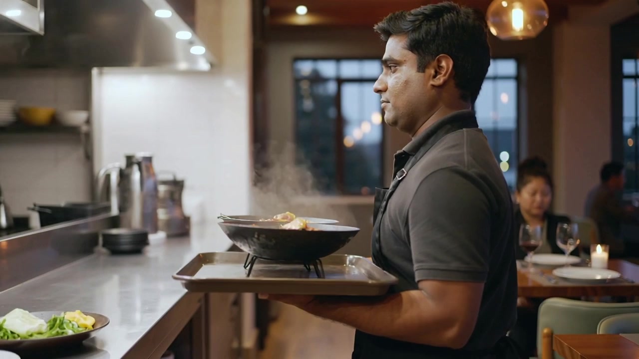 Carrying South Asian server wearing dark polo taking pans from kitchen pass serving diners