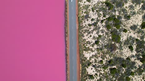aerial view of a pink lake next to a road with a vehicle