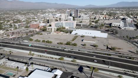 interstate 10 and tuscon, arizona skyline with drone video moving in