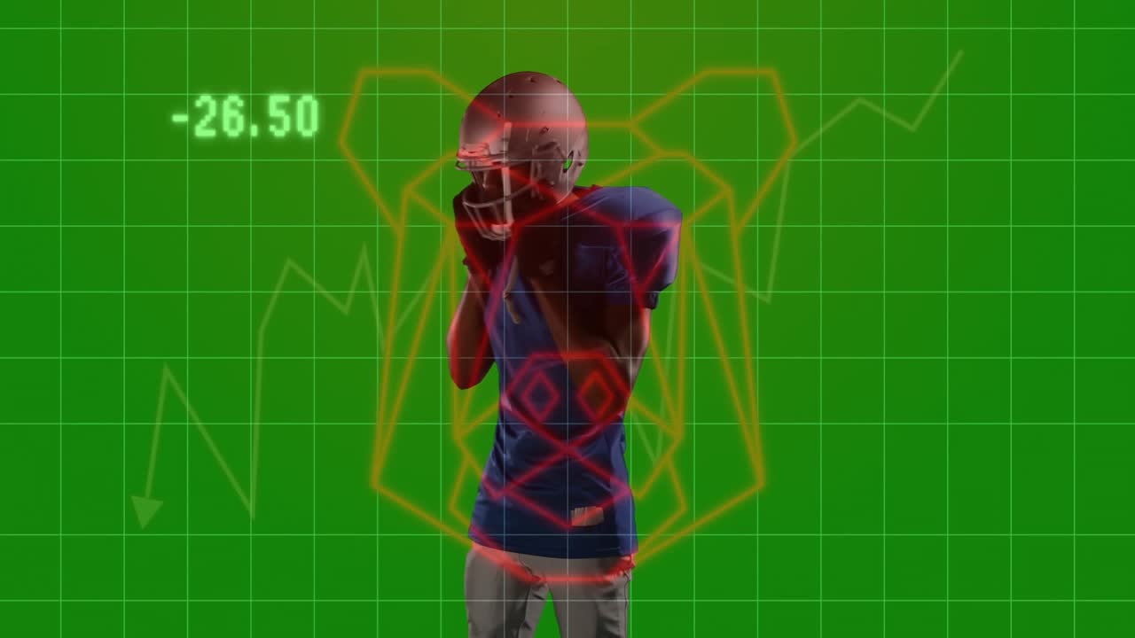 Uomo che sistema il casco da football americano in un'interfaccia di tecnologia sportiva, con grafici a linee e esagoni olografici.