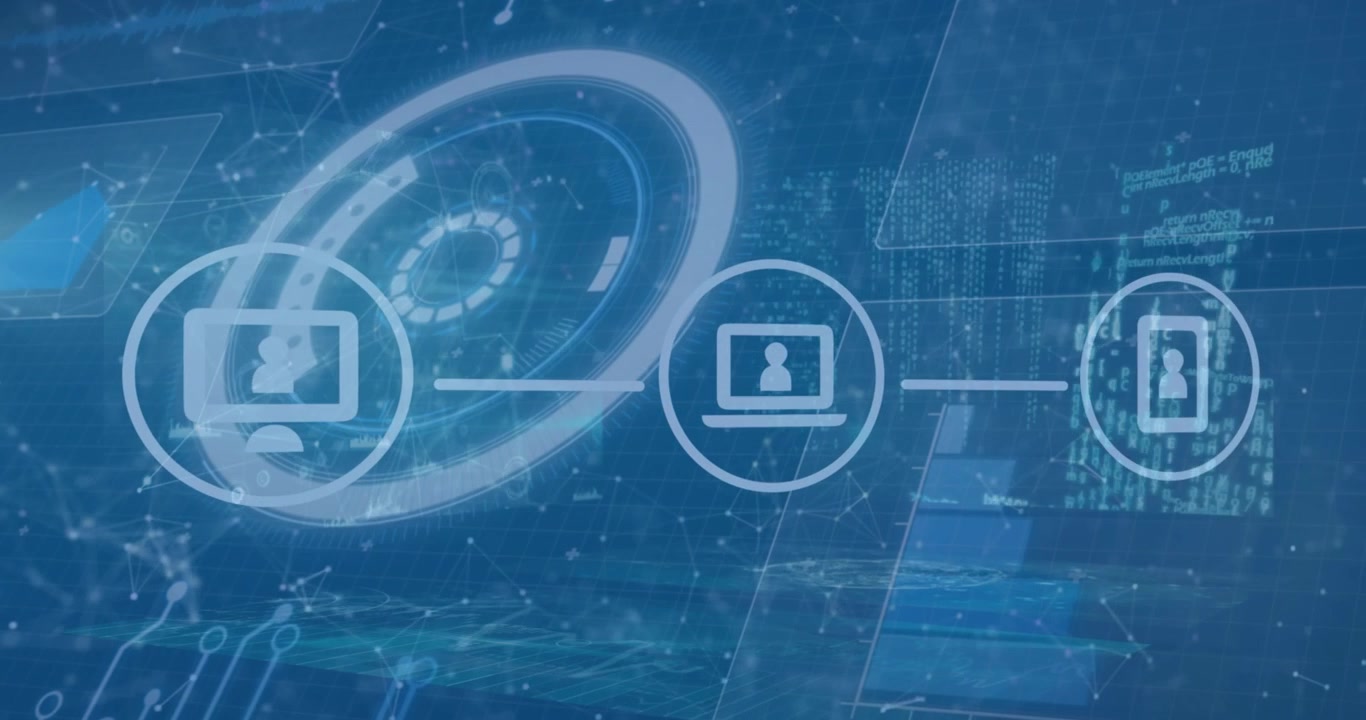 Animation of financial data processing and network of connections on blue background