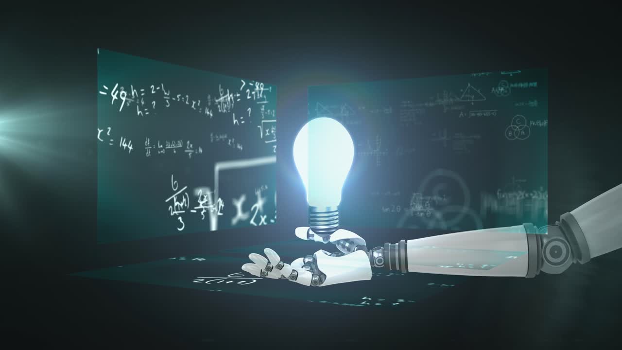Animation of robotic arm with lightbulb over mathematical equations