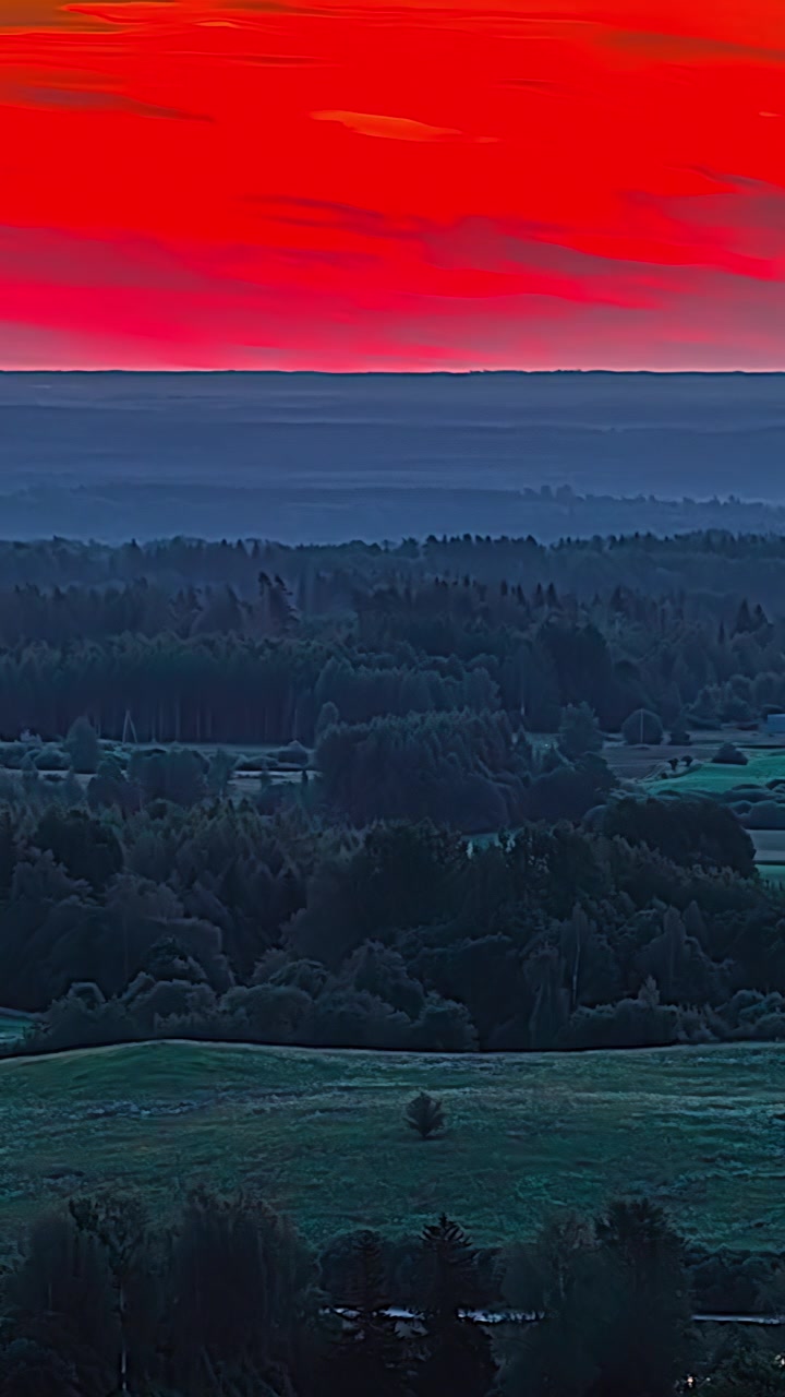 Vertical aerial timelapse shows intense red sunrise sky above silhouetted forest and quiet farmland fields in rural Latvia