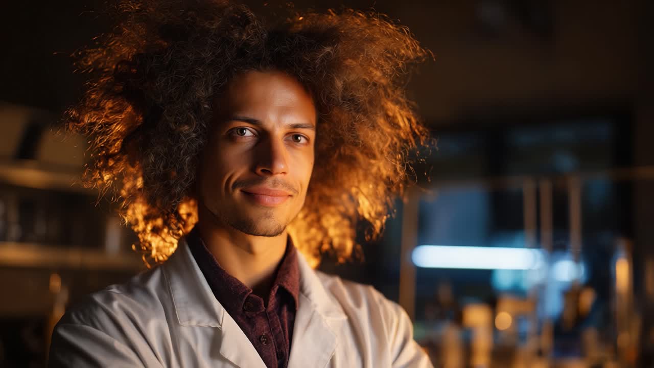 Un brillante scienziato dai capelli ricci posa con fierezza in un laboratorio, dimostrando competenza e passione per la ricerca e la scoperta in una luce intensa