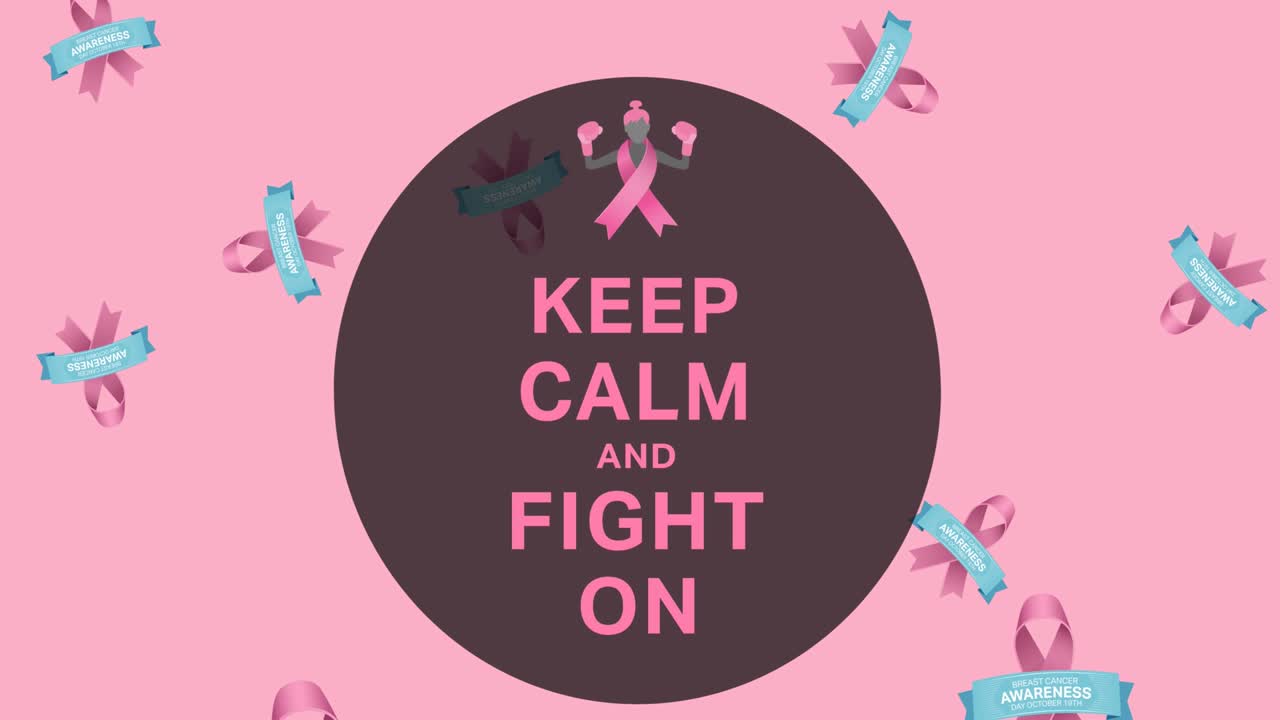 핑크색 유방암 리본 위에 유방암 인식 텍스트의 애니메이션