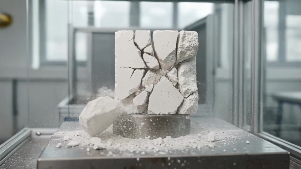 Un attuatore che si solleva preme un cuboide bianco e fragile su una piastra metallica all'interno di uno scudo di sicurezza.