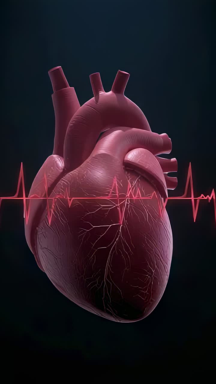 Vertical video: Pulsing 3D heart turning in dark set ECG line moving across frame causing beats