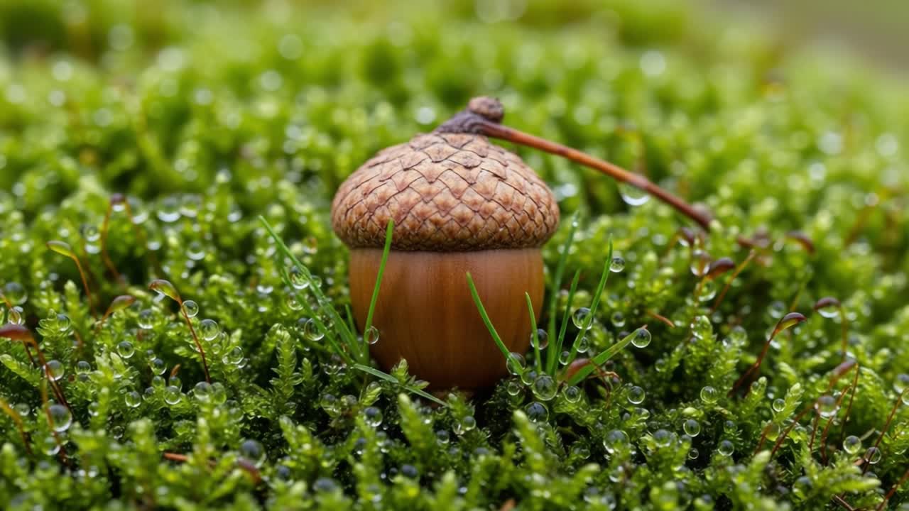 A close-up view of a single acorn resting on a lush bed of moss, adorned with glistening water droplets in a serene natural environment, showcasing the beauty of nature's details