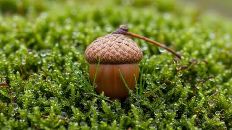 A close-up view of a single acorn resting on a lush bed of moss, adorned with glistening water droplets in a serene natural environment, showcasing the beauty of nature&#039;s details