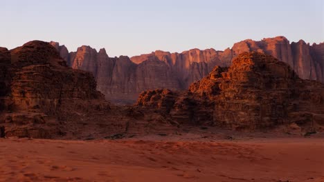 Planet-Mars-like-environment-of-red-sand-desert-and-mountains-of-Wadi-Rum-desert,-remoteness-and-wilderness,-Jordan,-Middle-East