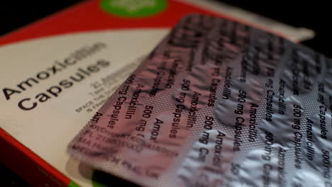 Close-up-shot-of-Amoxicillin-antibiotic-medication-in-capsule-form-with-packaging