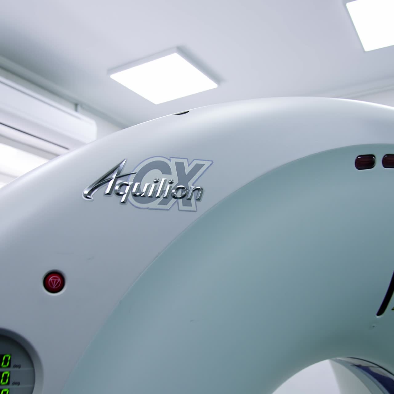 Empty machine for magnetic resonance scanning. Approaching the top of the machine with its logo on