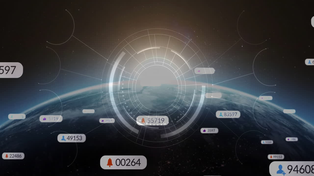 Floating digital notifications and data animation over Earth from space