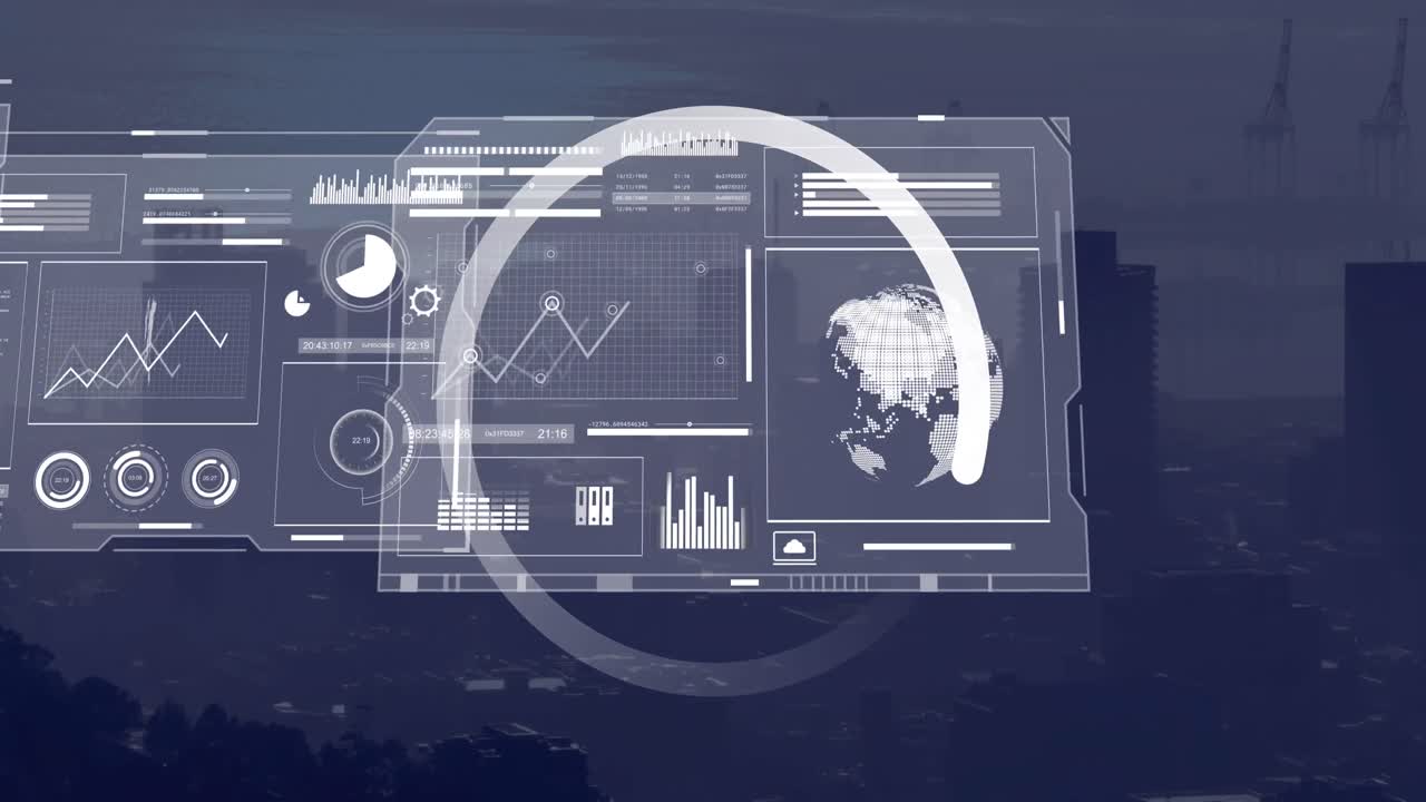 Animation of scope scanning and data processing over cityscape